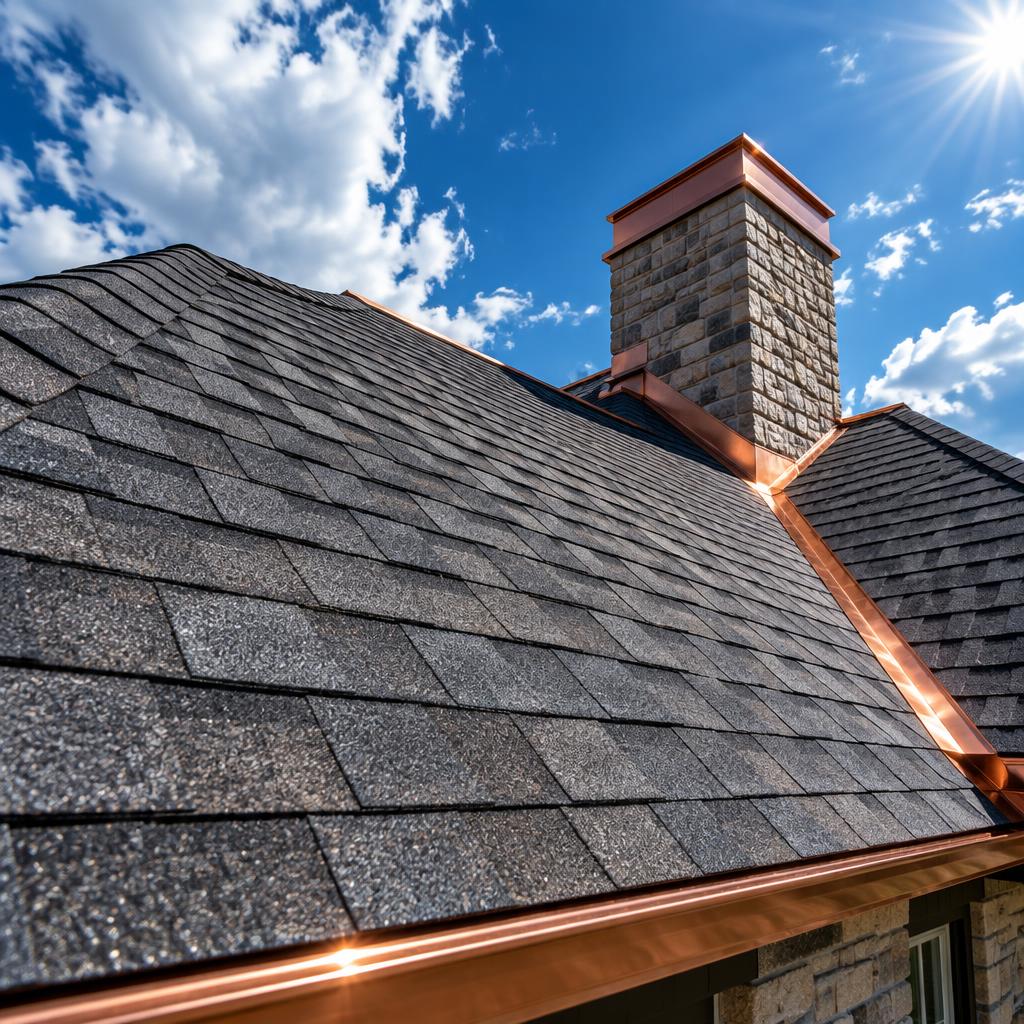 New architectural shingle roof with copper flashing
