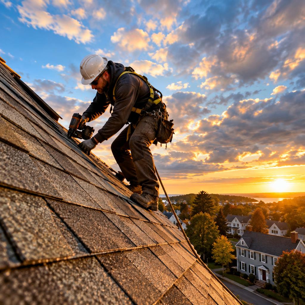 Roofer installing shingles at sunset
