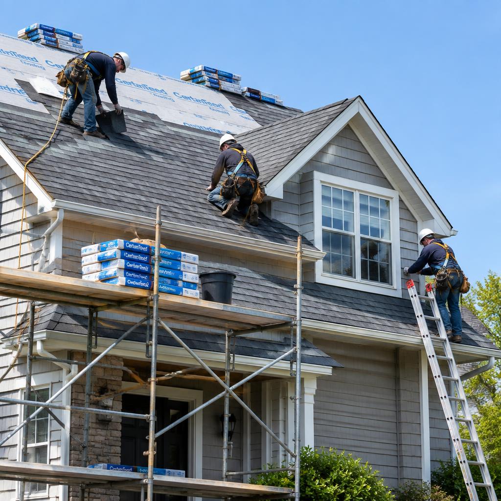 Roofing crew installing new shingles on a home