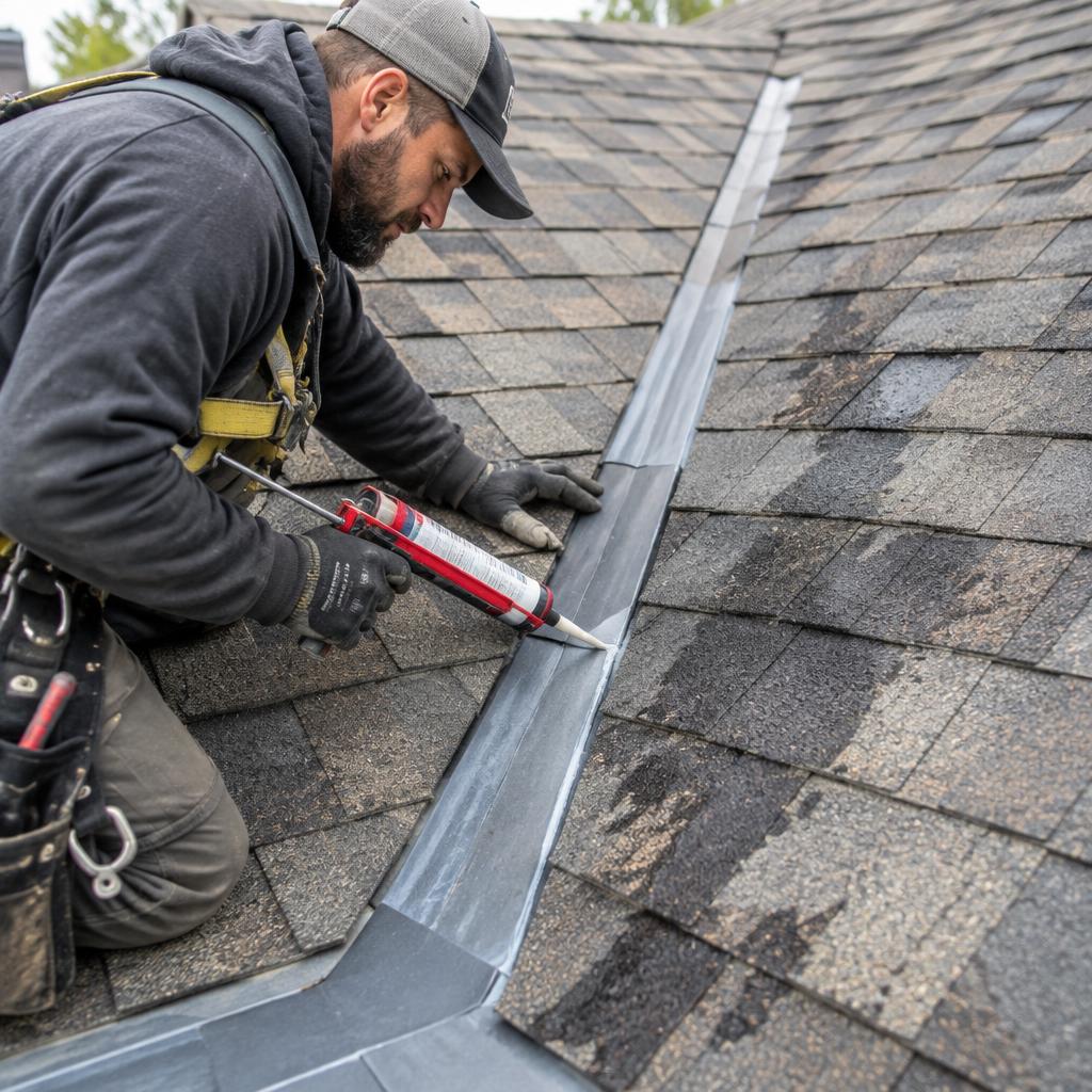 Roofer sealing a leaking roof valley