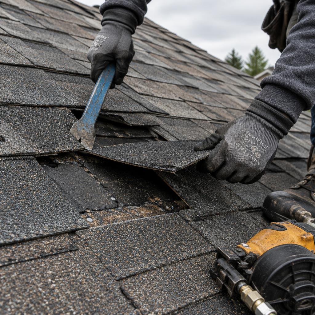 Roofer replacing damaged shingles